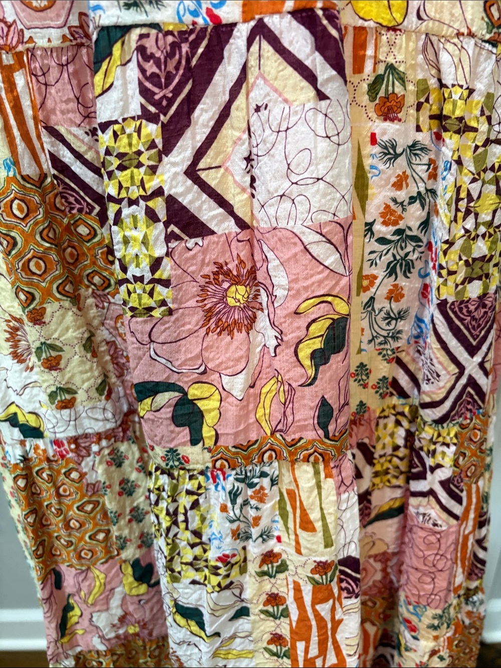 THML sz S midi to maxi patchwork tiered dress with puff sleeve and ruffle neck - Picture 4 of 9